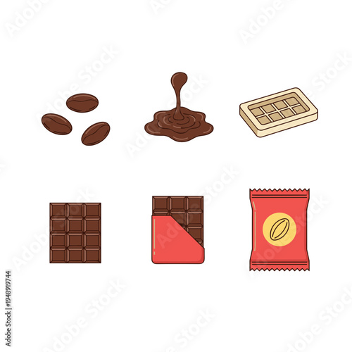 Icons depicting the chocolate production cycle from roasted cocoa beans to melted liquid, white chocolate bar, dark chocolate, and wrapped snacks