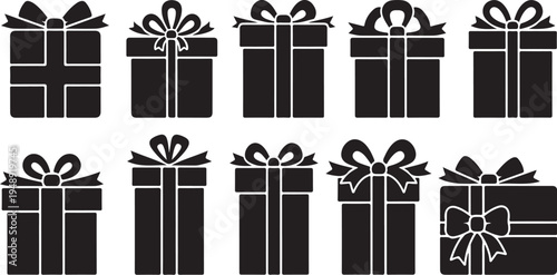 Black gift boxes with white ribbons and bows illustration