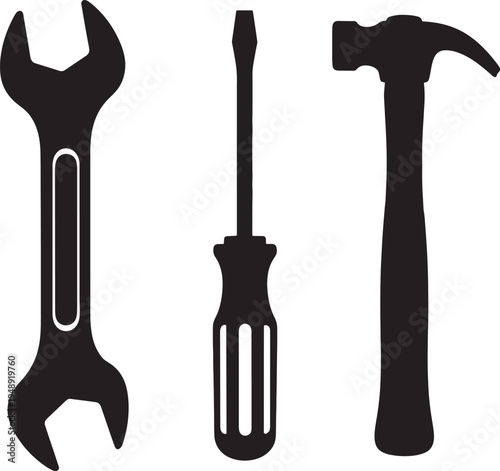 Black silhouettes of a wrench screwdriver and hammer 