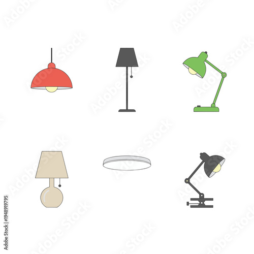 Modern lighting fixture collection including ceiling lamp desk light floor lamp and pendant light icons in flat vector style for interior design concepts