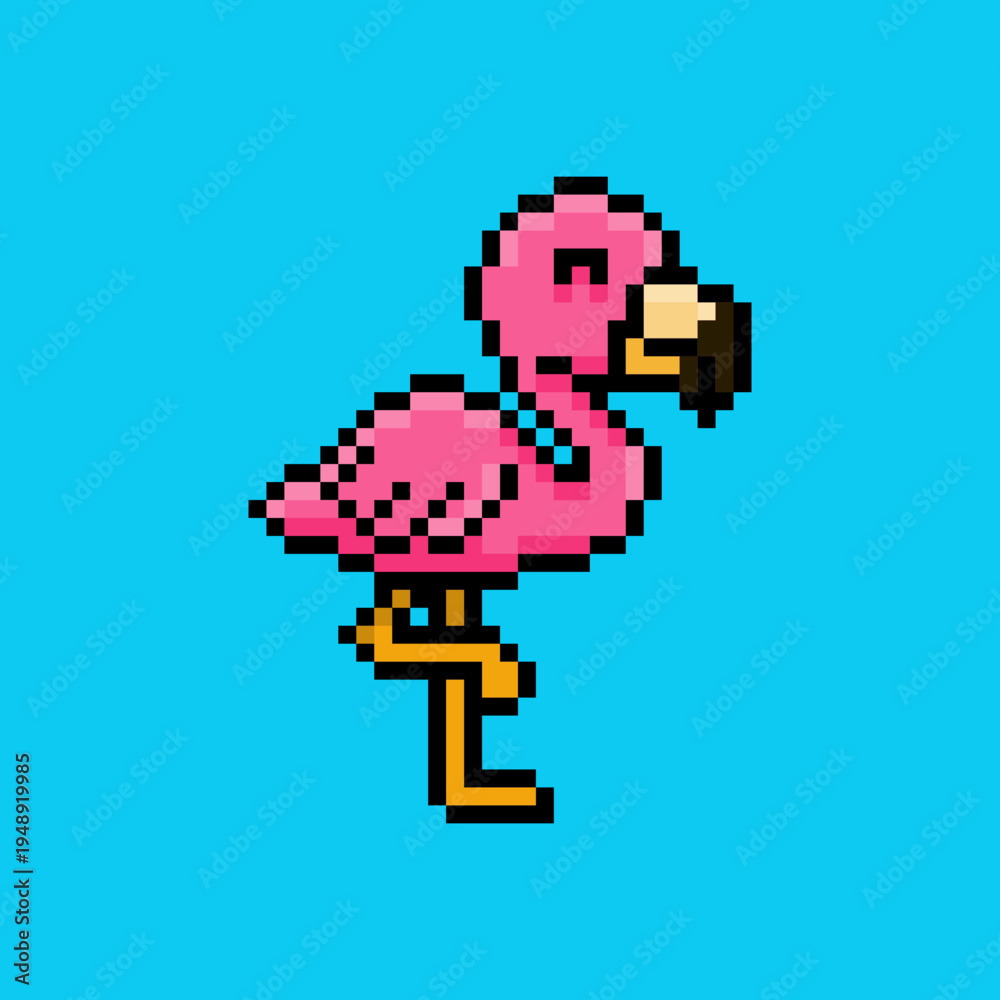 Obraz premium Vector illustration of Cute Pink Flamingo Character with Pixel Art Design