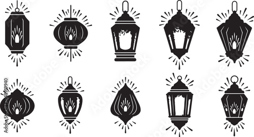 Black and white lantern icons with candlelight illustrations set