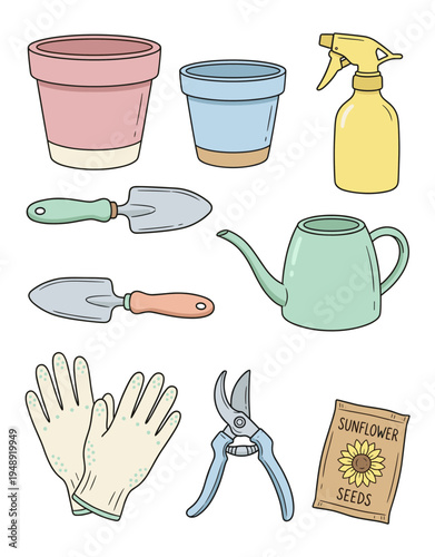 Gardening tools and equipment set on white background, vector flat icons of flower pot, trowel, watering can, spray bottle, gloves, shears and sunflower seeds.