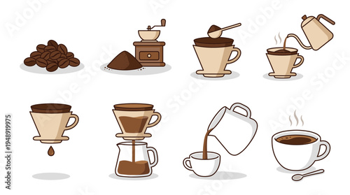 Coffee brewing process steps from beans to cup on white background, manual drip coffee maker sequence for cafe menu and barista preparation guide concept.