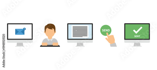 Business person working on computer and sending email process including typing on keyboard clicking send button and successfully sent message