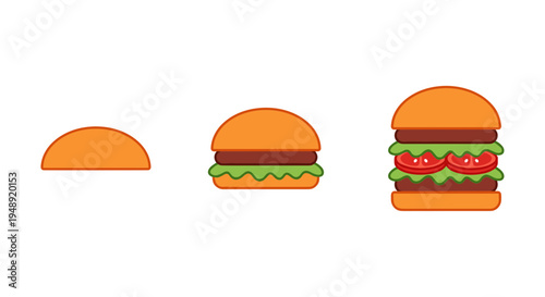 Step by step burger construction illustration showing bun patty and fresh vegetables layers in flat vector style isolated on white for fast food menu design