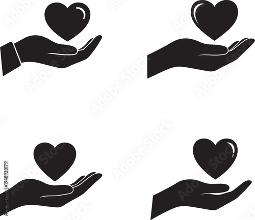 Four black silhouettes of hands holding hearts 