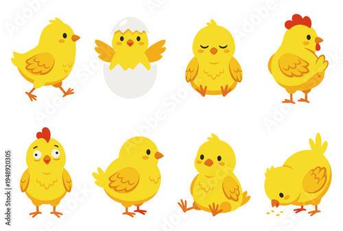 Cute cartoon yellow chick character set showing various poses like hatching walking sleeping and eating for spring Easter and farm animal designs