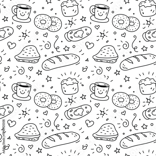 Hand Drawn Seamless Breakfast Pattern with Bread, Coffee Cup, Donut and Egg Doodle