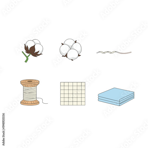 Raw cotton to fabric manufacturing steps including cotton plant fiber yarn spool and folded blue textile for clothing industry and material production