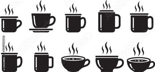 Black coffee cup icons with steam on white background