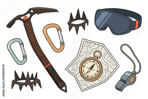 Mountain Climbing and Winter Hiking Equipment Collection Featuring Ice Axe Crampons Compass Goggles and Carabiners Isolated on White Background Vector Art