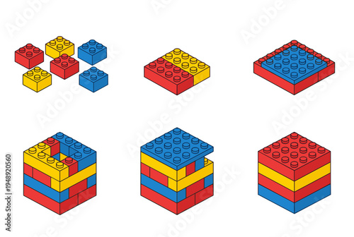 Isometric plastic building blocks set in primary colors red blue and yellow showing assembly stages of a hollow cube isolated on white background for kids