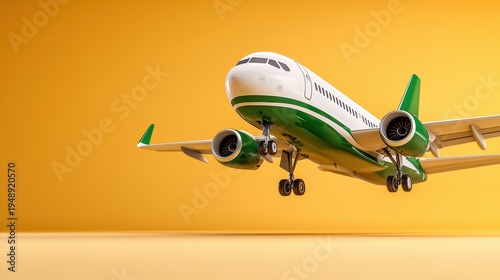 Green and White Airplane Model Descending Against Yellow Background