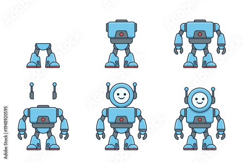 Cute blue robot character assembly stages from legs to full body with antenna and friendly face isolated on white background for kids technology