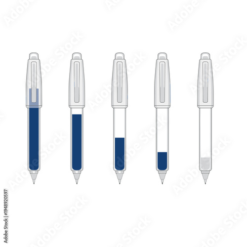 Set of blue ink pens showing different liquid levels from full to empty isolated on white background for office supply and progress tracking concept