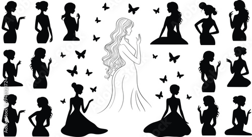 Artistic silhouette illustration featuring central woman with flowing hair surrounded by multiple female figures and butterflies, perfect for beauty, fashion, symmetry, and decorative projects