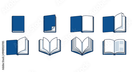 Sequence of a blue hardcover book opening and flipping pages to show content layout isolated on white background for education and reading concepts