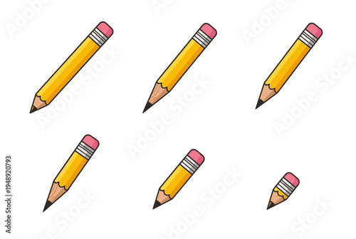 Set of yellow pencil icons showing different lengths from full size to a sharpened stub used for writing drawing and artistic creation concepts