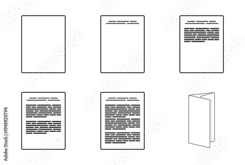 Step by step process of document creation from a blank sheet to a folded brochure or flyer template isolated on white background for design workflow