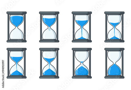 Set of hourglass icons showing different stages of flowing blue sand for time management countdown and deadline concept isolated on white background