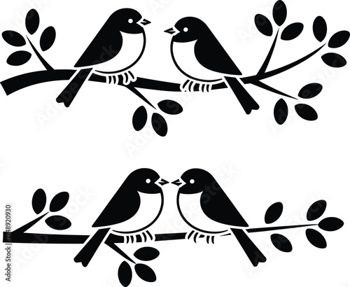 Bird silhouette illustration featuring pairs of perched birds facing each other on leafy branches, symbolizing nature, communication, and harmony, perfect for decorative projects