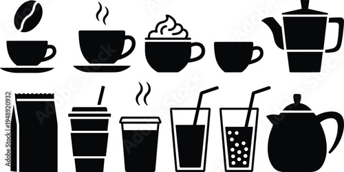 Coffee and beverage icon set featuring cups, mugs, teapot, coffee maker, takeaway drinks, and beans, perfect for menus, signage, and digital design projects
