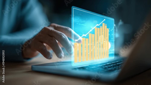 Digital Analytics and Growth: An image of a hand interacting with a glowing screen, displaying a chart, and symbolizing business growth and data analysis.