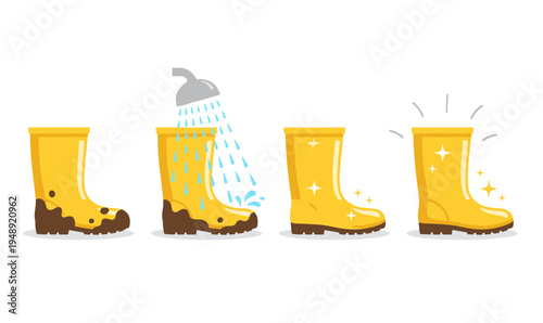 Cleaning process of yellow rubber rain boots from muddy to shiny and clean under shower head isolated on white background for hygiene and care concept