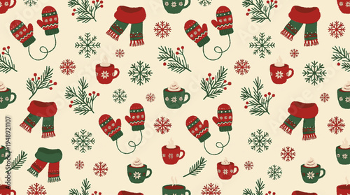 Winter holiday vector pattern with colorful mittens scarves and festive snowflakes on cream background