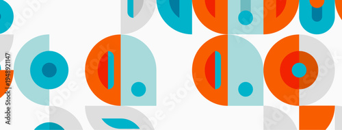Geometric pattern features overlapping circles, squares, orange, teal, gray. Simple design creates modern, repeating texture.