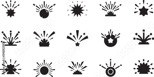 Collection of black explosion and burst icons on white
