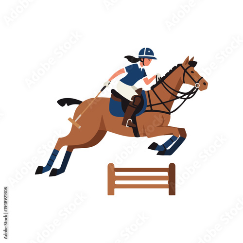 Female equestrian athlete riding a brown horse jumping over a hurdle during a competition.