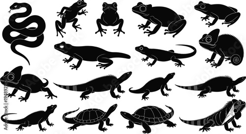 Reptile and amphibian silhouette collection featuring snake, frogs, lizards, chameleon, turtles and iguana, black vector wildlife animals set isolated on white background.
