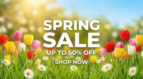 Wallpaper Mural Spring Sale Promotional Banner with Tulip Field Background Torontodigital.ca
