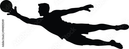Soccer goalkeeper diving silhouette saving ball in full stretch, dynamic football goalie action vector illustration isolated on white background for sports logo and design.