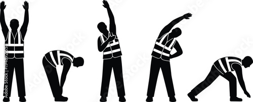 Stretching silhouette illustration featuring five figures in safety vests performing warm-up exercises, perfect for fitness, workplace wellness, injury prevention, and instructional projects