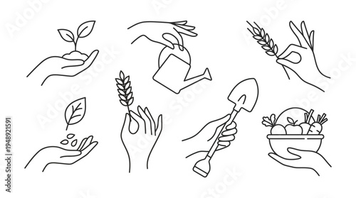 Modern Hands with Agriculture Elements , Stylish Farming Line Vector Set