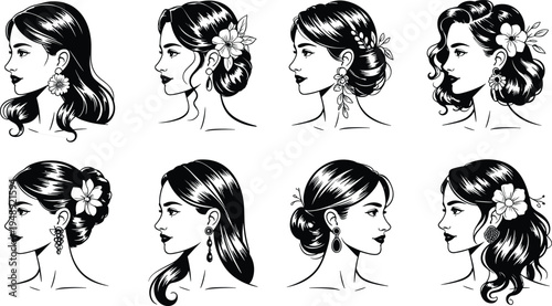 Women’s profile illustration featuring eight elegant hairstyles with floral accessories and earrings, perfect for fashion, beauty, design, and artistic inspiration projects