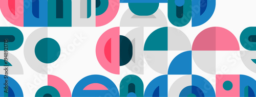 Abstract geometric pattern. Circles, arcs, shapes overlap creating playful design. Soft colors dominate composition.