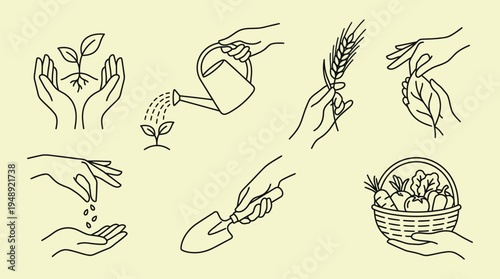 Modern Hands with Agriculture Elements , Stylish Farming Line Vector Set
