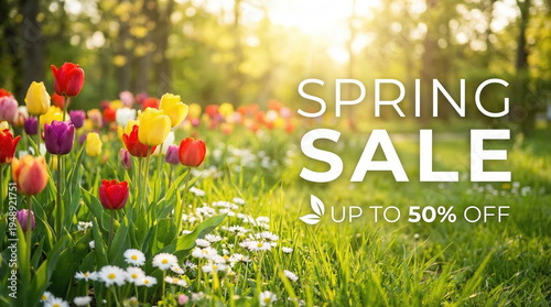 Wallpaper Mural Spring Sale Promotional Banner with Tulip Field Background Torontodigital.ca