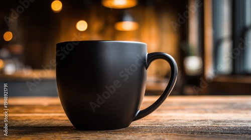 Matte black ceramic coffee mug with elegantly curved handle rests on a rustic wooden table with warm, blurred background lighting