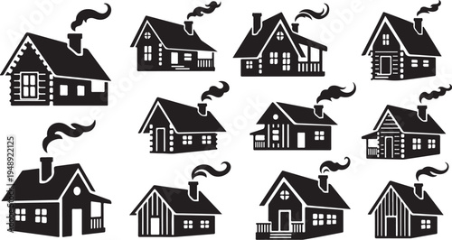 Collection of black and white house icons with smoke