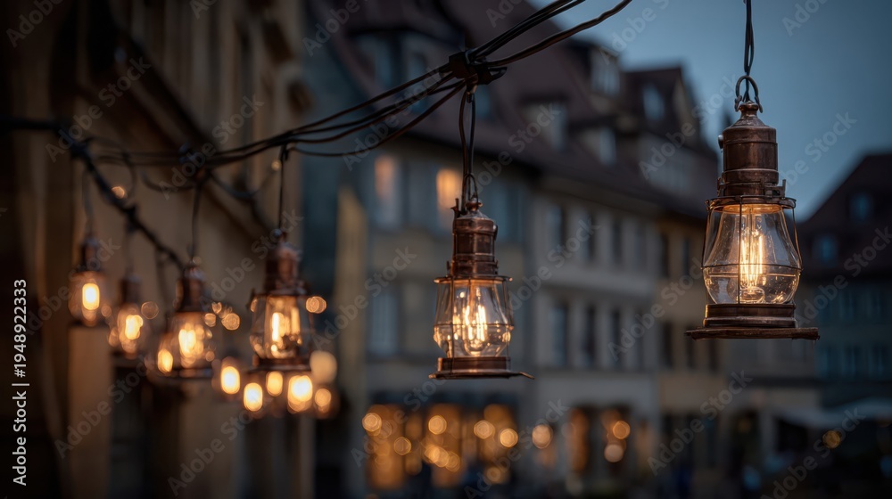 Obraz premium Glowing vintage lanterns suspended on a string illuminating a city street at night, creating a warm festive atmosphere.