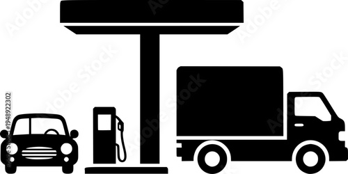 Gas station vector silhouette icon. Car and truck at the filling station isolated on white background.