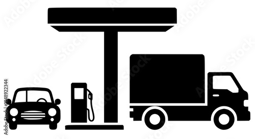 Gas station vector silhouette icon. Car and truck at the filling station isolated on white background.