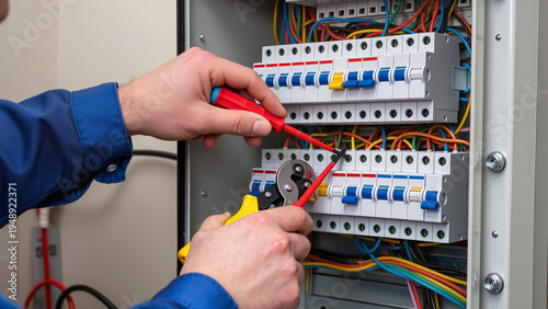 Foto Electrician works on site, Repairing the electrical panel, Maintenance of power