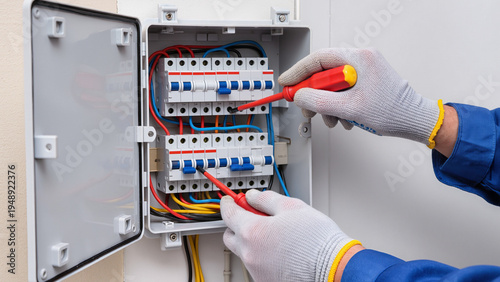 Bilde på lerret Electrician works on site, Repairing the electrical panel, Maintenance of power