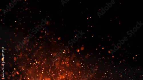 Fiery particles and embers floating on a dark background, creating a sense of heat, energy, and destruction, ideal for use in horror, action, or celebration visuals.